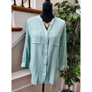 Charter Club Women's Solid Aqua Cotton & Viscose V-Neck Long Sleeve Blouse Large